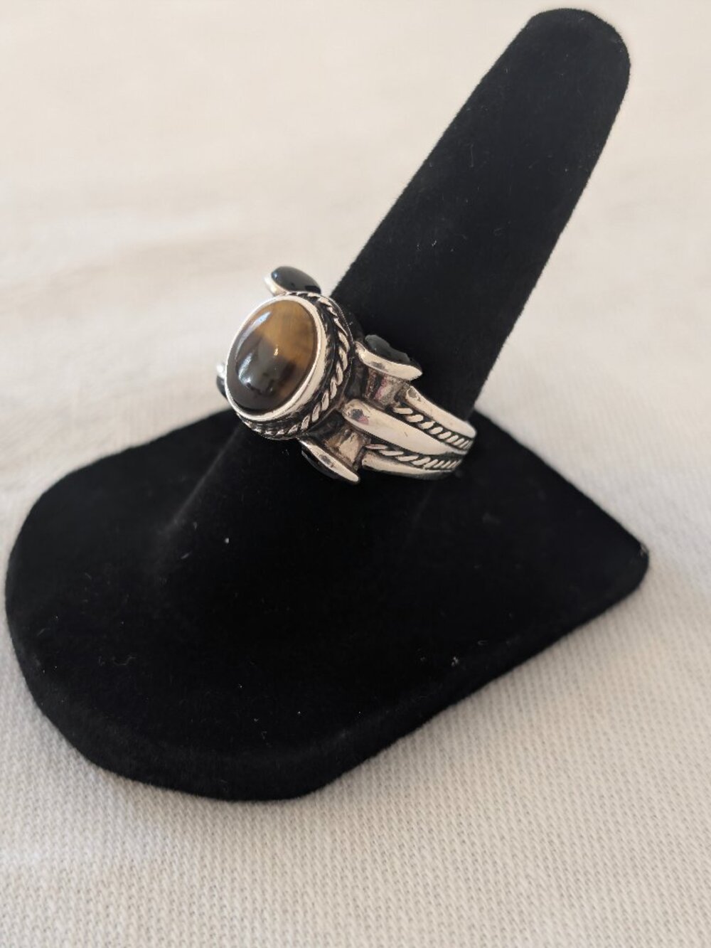 Vintage Silver Tone Tiger Eye Obsidian Ring Size 6